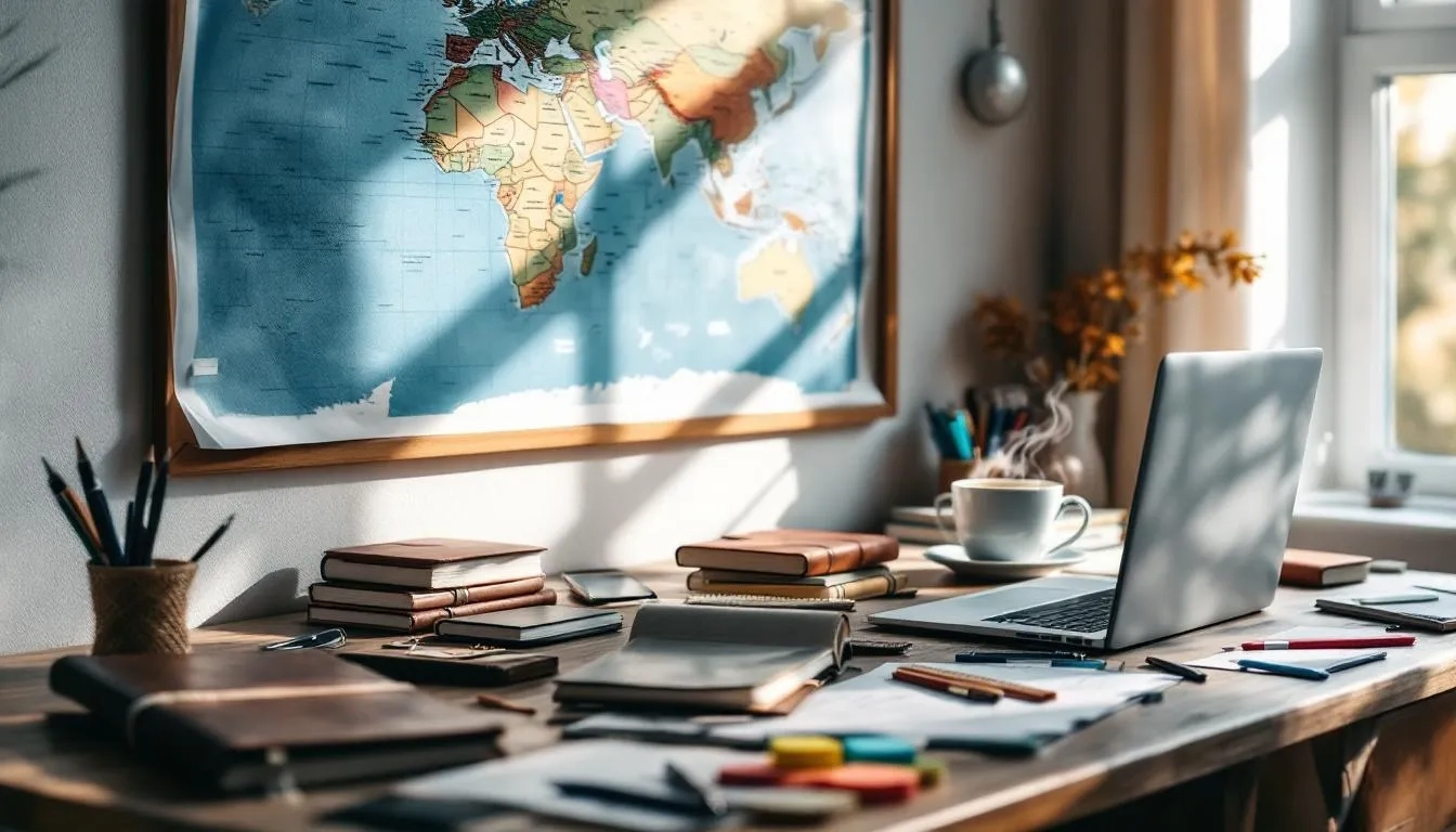 The image depicts a travel planning workspace featuring an array of maps, notebooks, a smartphone, and a laptop scattered across a desk, perfect for organizing your next trip. This setup invites many travelers to create their own itinerary, exploring hidden gems and cultural experiences in various destinations.